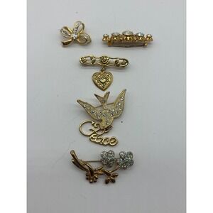 Vintage Gold Tone Rhinestone Brooch Lot 5pc Dove Heart Flower Bow Peace J38